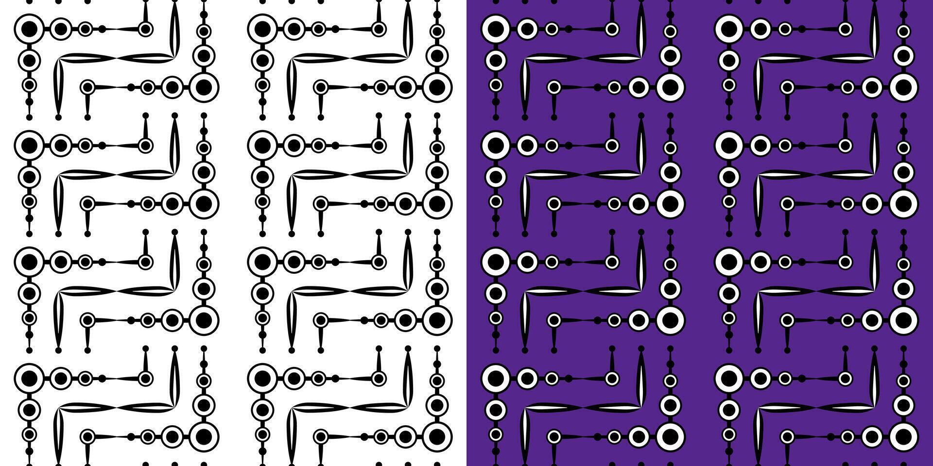 Set of monochrome abstract geometric seamless pattern. Black circle and curved lines. Complicated zigzag background. Clear strict ornament vector