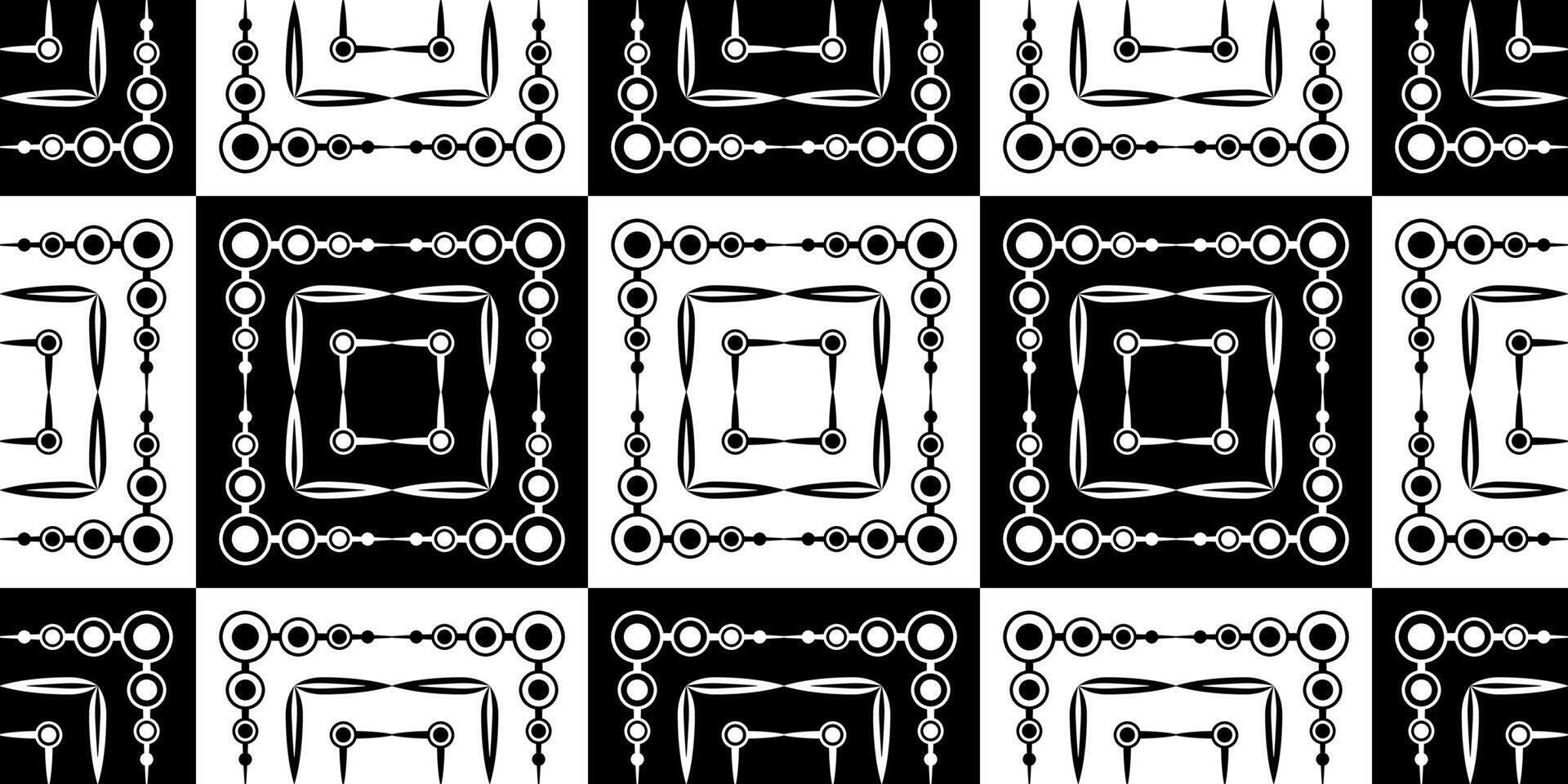 Monochrome checkered geometric seamless pattern. Black and white squares with a pattern. Mosaic square tile. Complicated texture chess square background. Clear strict ornament for web, textile, etc. vector