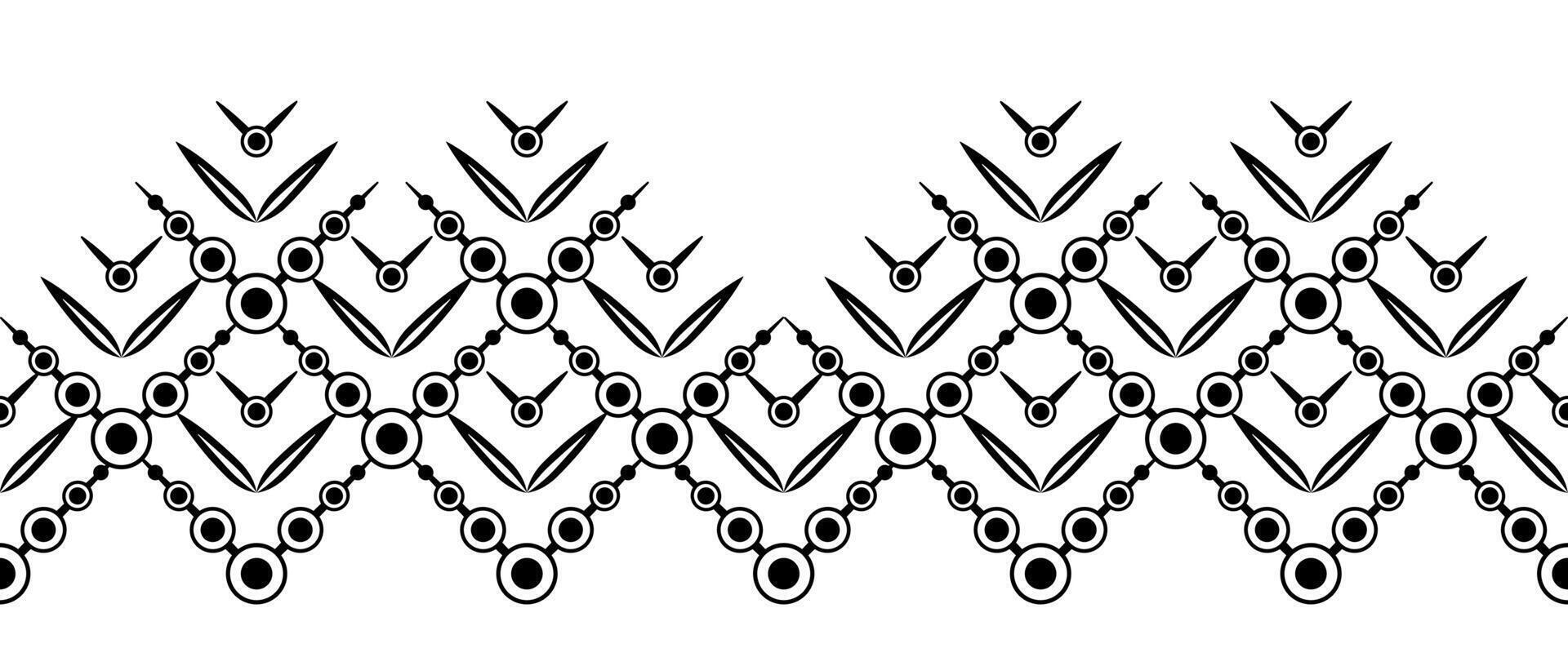 Mosaic square tile of black circles and petals. Monochrome abstract geometric seamless border. Complicated texture background. Clear strict ornament vector