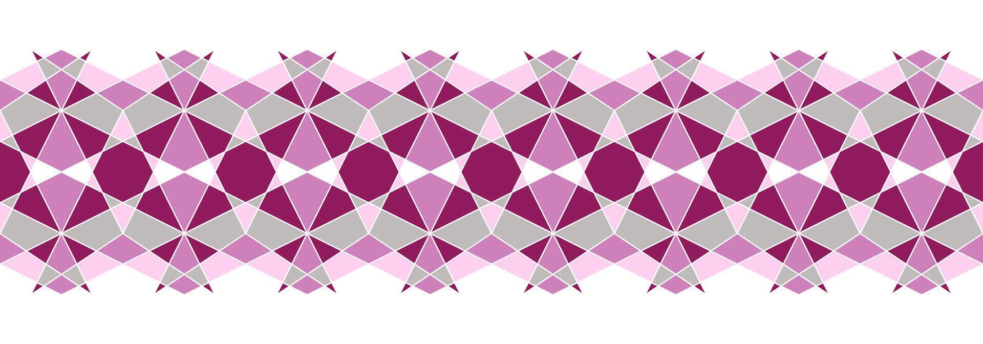 Geometric complex seamless pattern in shades of pink. Complicated colorful background. Mosaic ornament of polygonal shapes. Diamond grid square tile vector