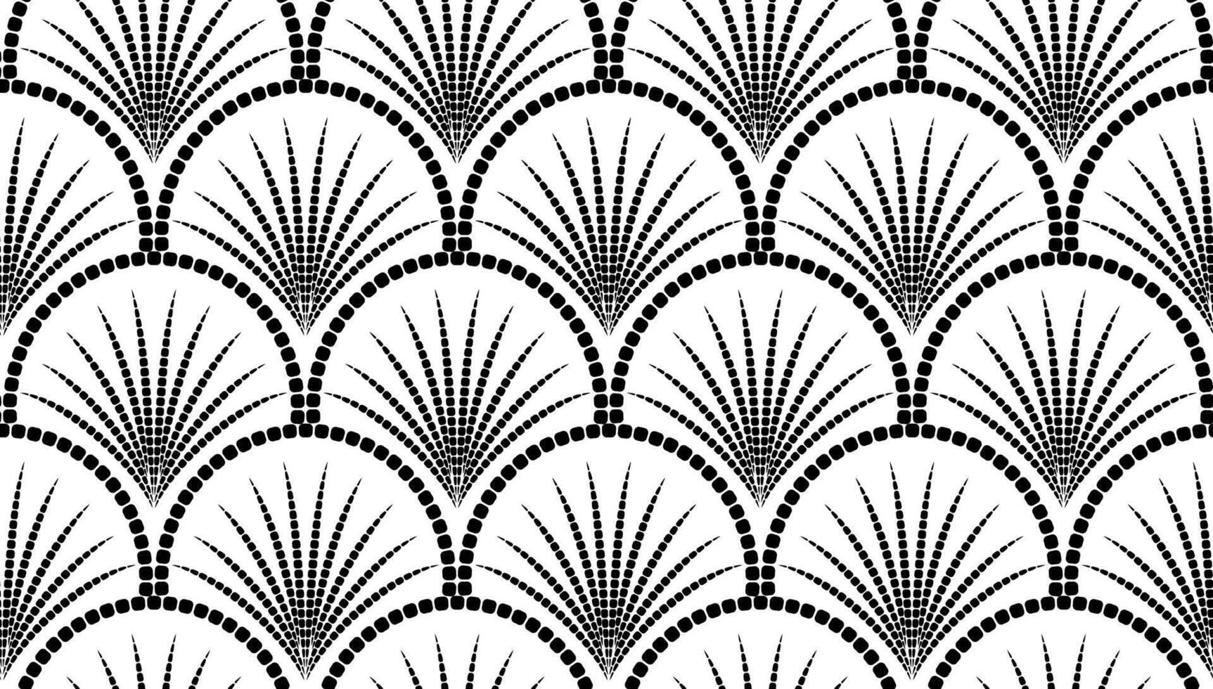 Seamless repeating pattern of stylized fan shapes on black background resembling a mosaic in art deco design. vector