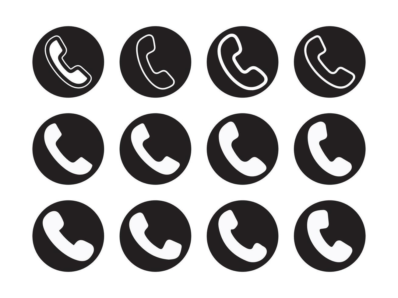 Phone icon set in circular black backgrounds for communication design and mobile interface applications vector