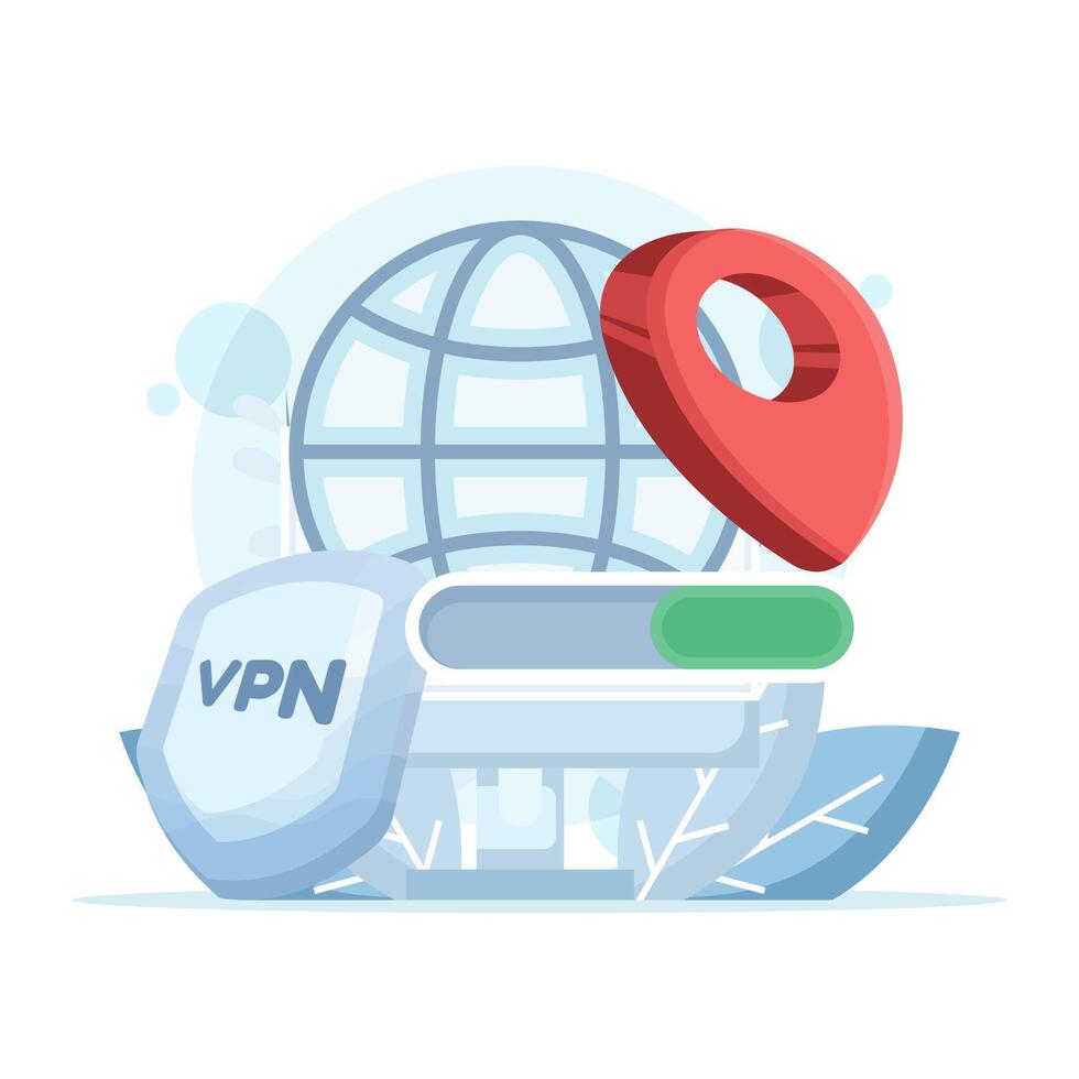 Illustration VPN security protects user privacy. IP protection with encrypted traffic ensures secure browsing and location changes. It supports cyber defense and remote connection tools. vector