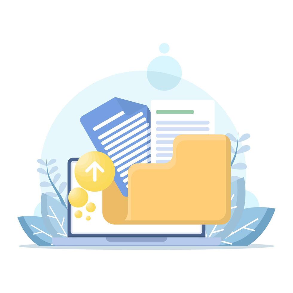 File illustration with uploaded files. File upload concept. Uploading files for assignments and business presentations. Files sent or uploaded. Flat design illustration with background. vector