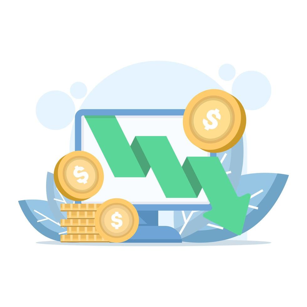 Chart illustration showing a financial decline with coins, bars, and arrows. Economic chart with a downward trend. Statistical charts and big data presentations. vector