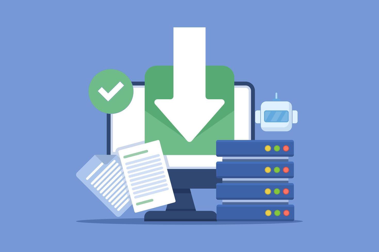 Download data from server concept. Secure form with AI-based protection for cloud data storage. File download. Program for remote connection. Database server data process. Flat design. vector