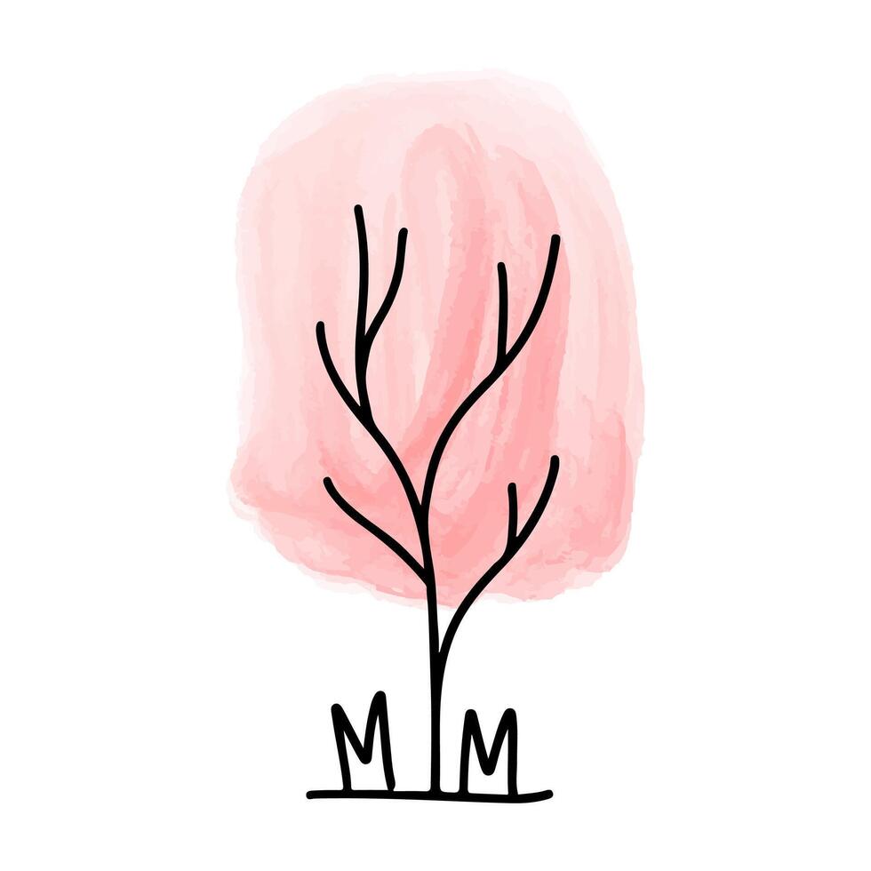 A whimsical and minimalist illustration captures a serene scene of nature. A stylized tree, with its delicate branches, stands gracefully before a soft watercolor background. vector