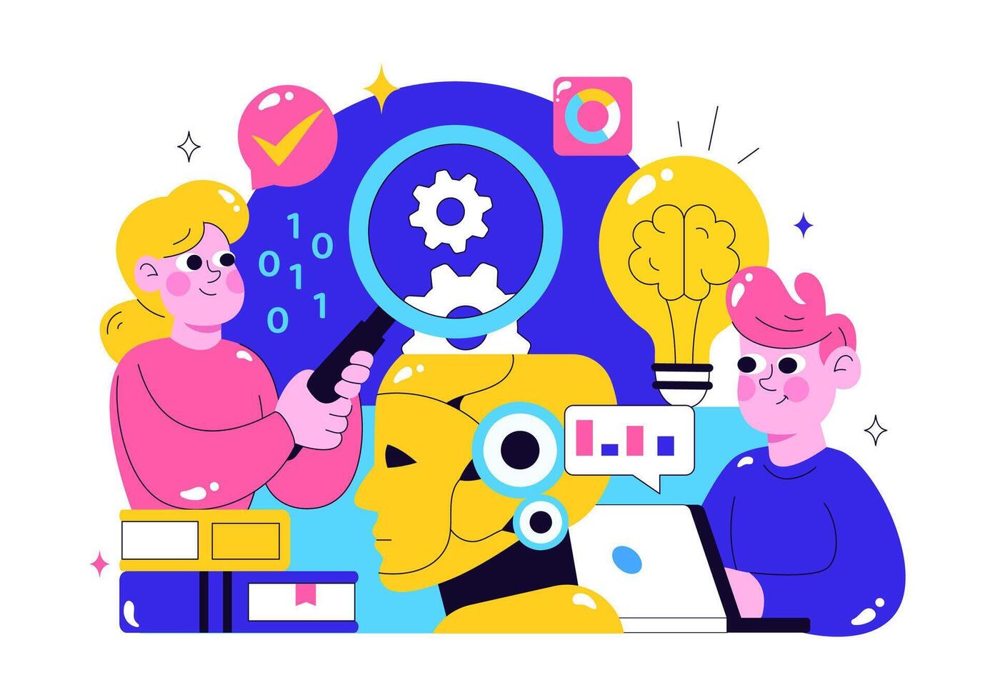 AI Technology Illustration Featuring Machine Learning Experts and Big Data Analysts in Flat Cartoon Style vector