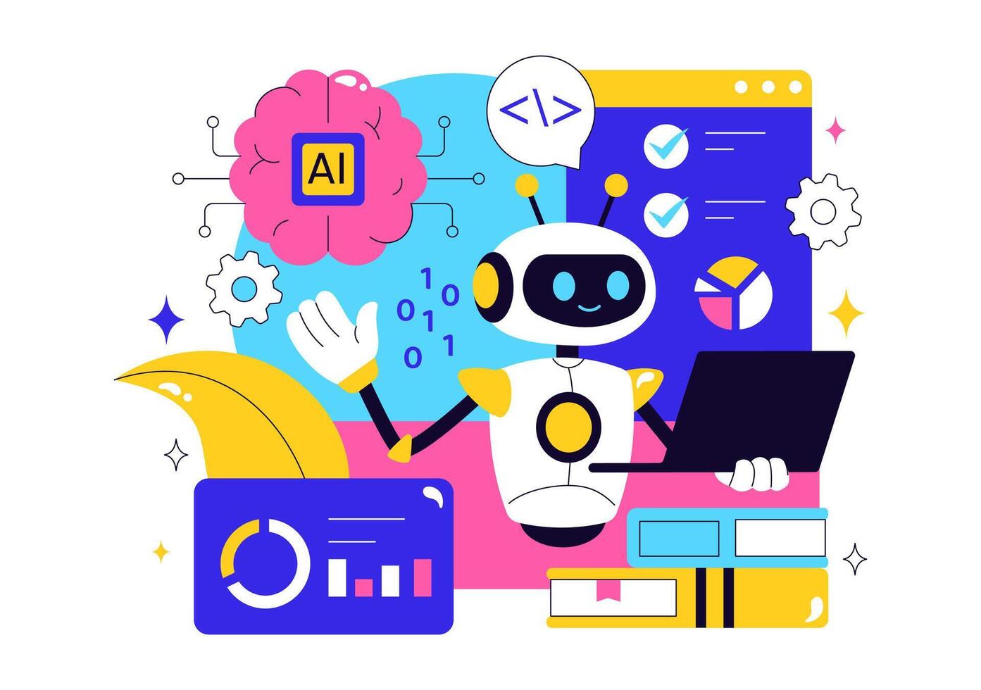 Machine Learning and AI Development Illustration with Scientists and Engineers in Tech Background vector
