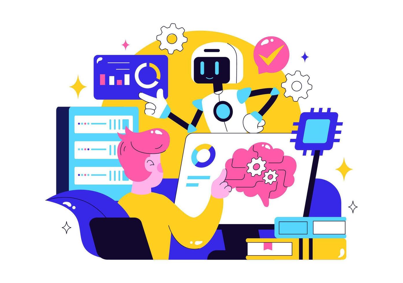 Illustration of AI Jobs and Machine Learning with Scientists and Engineers Collaborating in Tech Lab Background vector