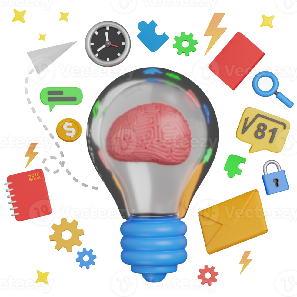 3d reder BULBE WITH BREAIN INSIDE AND MULTIPLE OBJECT AROUND THEM Thinking icon png
