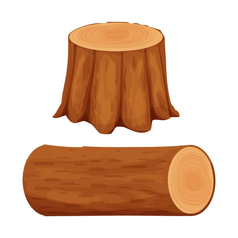 Tree wood stump and cut log isolated on white background in cartoon style stock illustration. Detailed and textured objects, set carpentry, lumberjack elements vector