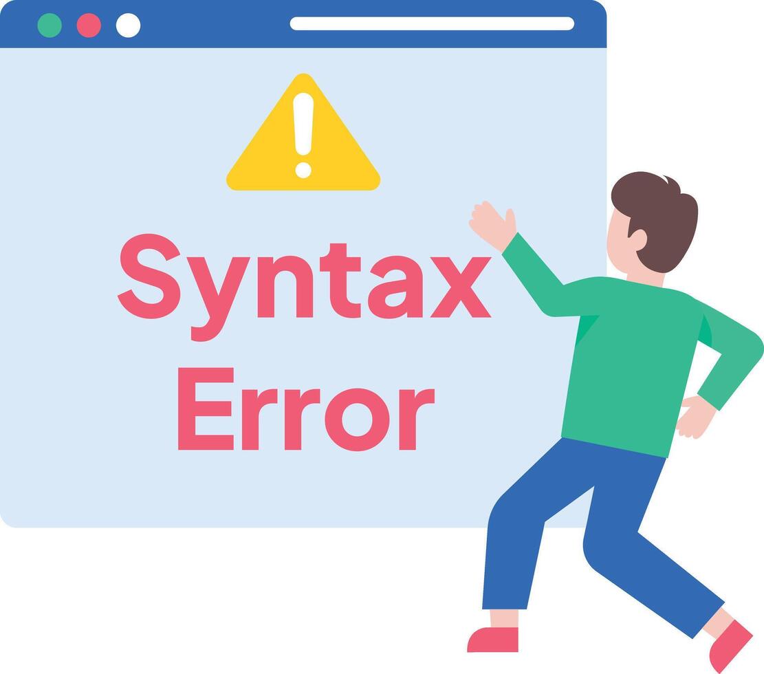 A flat style illustration showing a person looking at syntax error vector