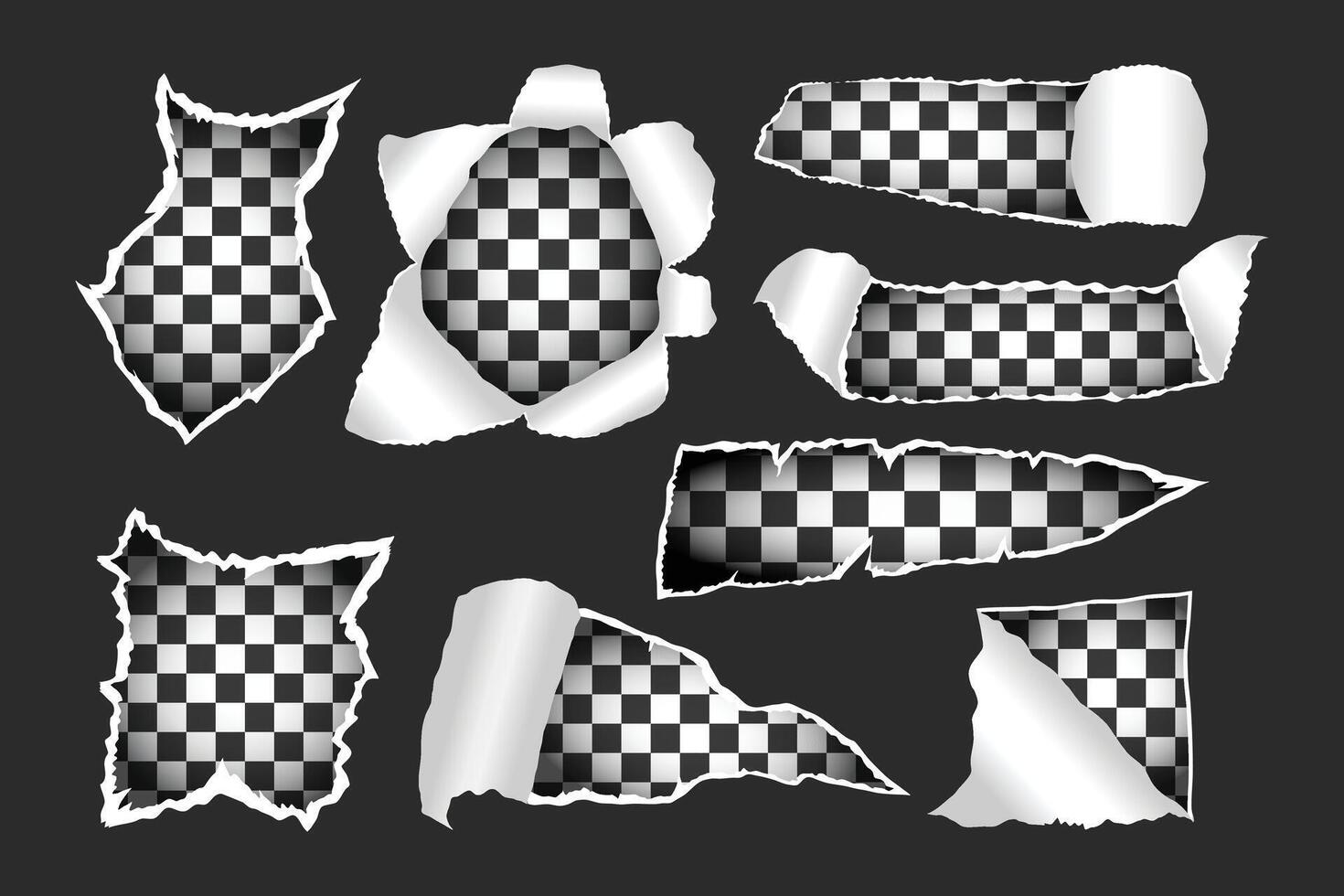 Set of Torn paper frame set collection on black background, transparent White ripped paper strips, Holes from torn paper. Decoration and texture. copy space illustration vector