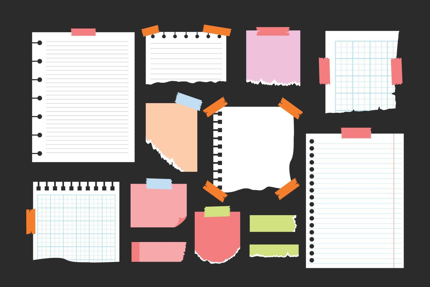 Set of Paper notes, stickers, sticky sheets and tape set collection, set of blank to do list, memo messages, notepads and torn paper sheets, torn and ripped paper, Note Paper Adhesive Tape vector
