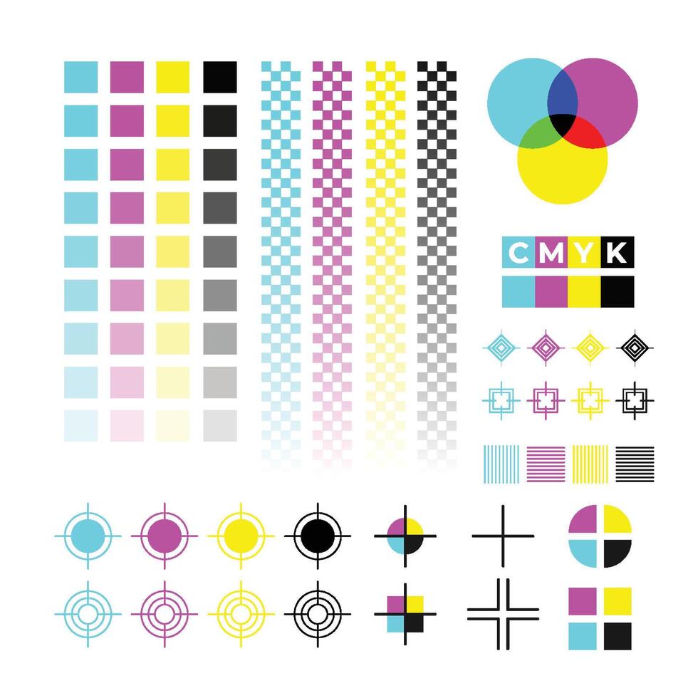 CMYK Calibration set collection, Printing cmyk marks, Offset print calibration marks, color test gradient color tone, color bars and registration plates, Color printing standard. vector