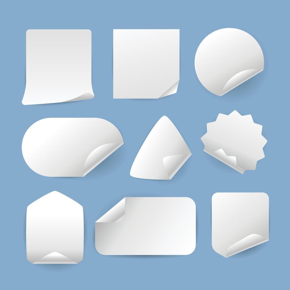Set of realistic white paper stickers mockup with folds set collection, adhesive sticker with different shapes, Round, oval, square, rectangular, hexagon shapes. Illustration vector
