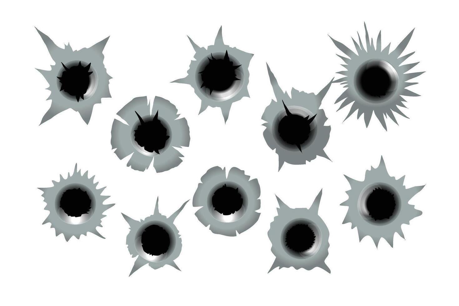 Set of Bullet Holes Set Collection, Isolated on white background, different damaged from ragged hole in metal from bullets, metallic surface blow bullet projectile explosion hole. illustration. vector