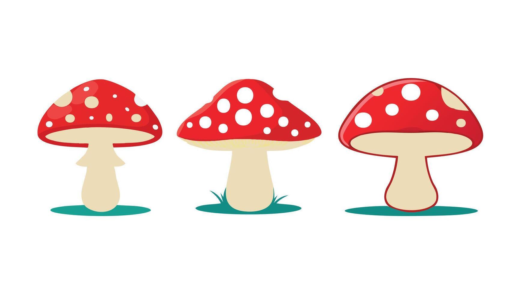 Three red mushrooms with white spots, cartoon-style illustration, standing on green grass patches, with beige stems and simple shapes. cpp Copy Edit vector