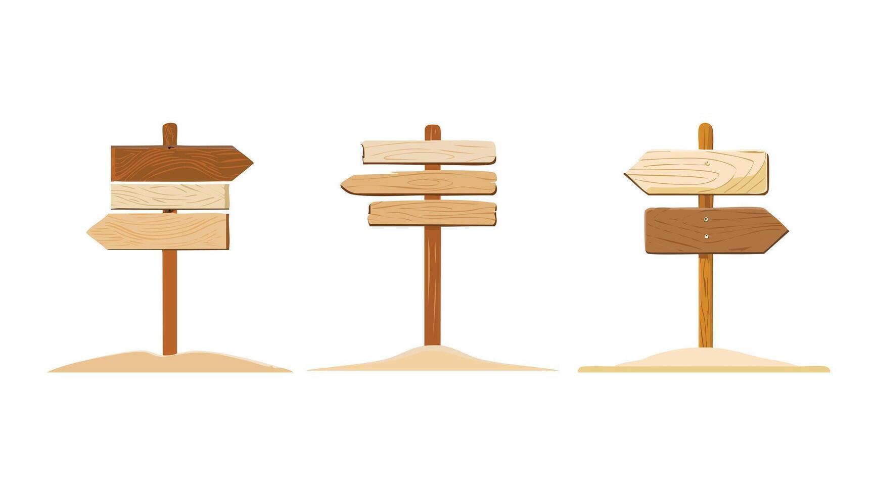 Three wooden signposts with multiple arrows pointing in different directions, cartoon style, isolated on white background vector