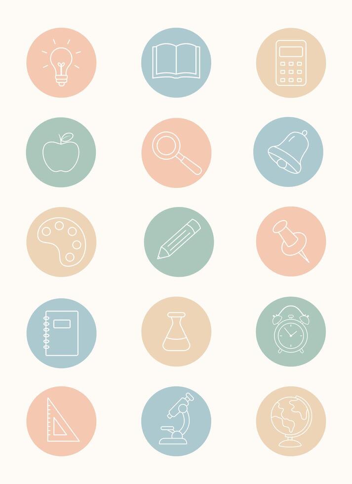 Set of pastel school icons in flat style including book pencil calculator globe clock apple and microscope isolated on white background for education design vector