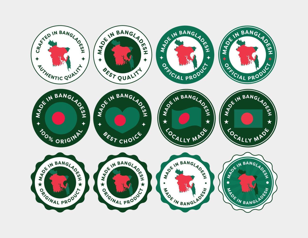 A collection of Made in Bangladesh product labels in various shapes and styles. Ideal for manufacturing, packaging, branding, export, and business use vector