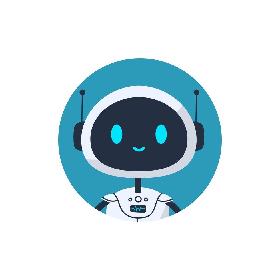 Cute smiling robot avatar icon in a blue circle. Flat illustration of a futuristic chatbot character with antennas. Perfect for AI assistant or tech profile vector
