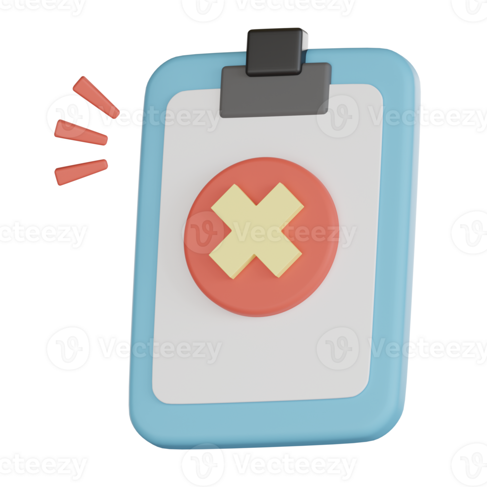 Clipboard with red cross icon in 3d style showing empty states alert symbol for error or cancellation message in simple design png