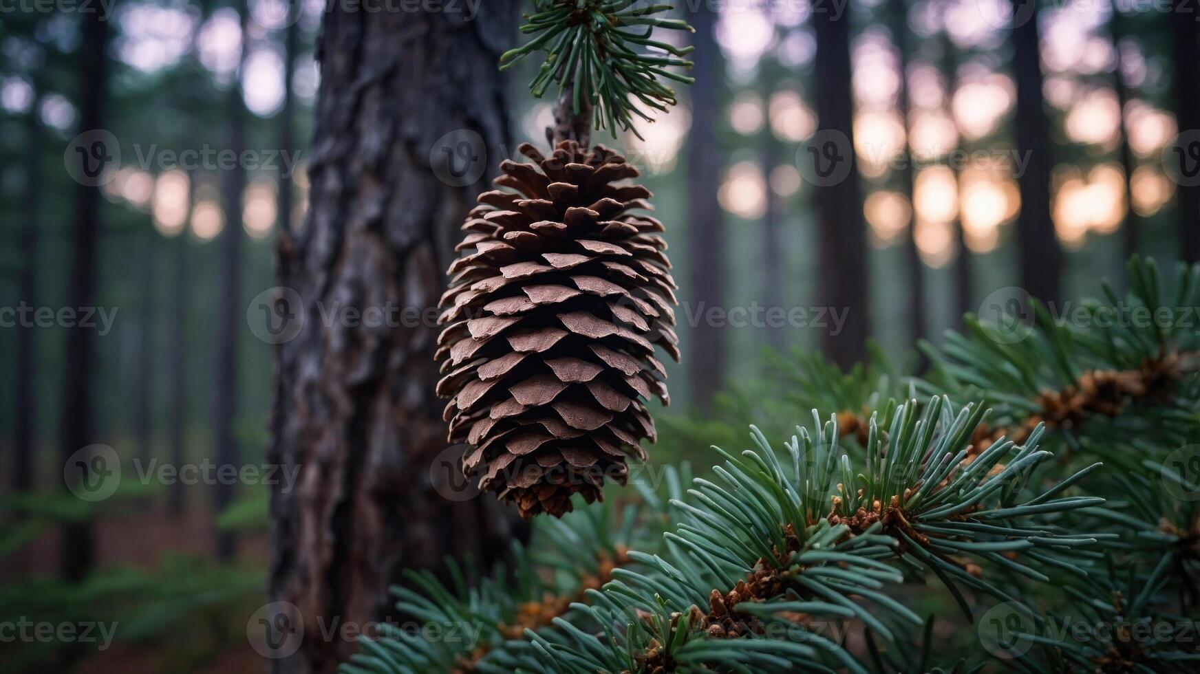 Close-up of a pine cone hanging from a branch in a serene forest at dusk with soft light filtering through photo