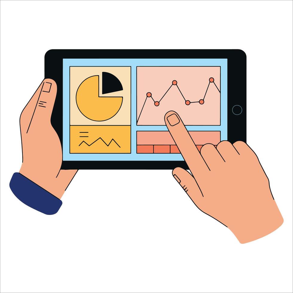 Tablet PC held in hands displaying analytics, cartoon design. Ideal for business intelligence concepts and financial dashboard visuals. vector