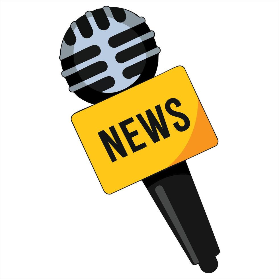 News black microphone icon with yellow interview label. design of black mic with news text, isolated on white for journalism and media concepts vector