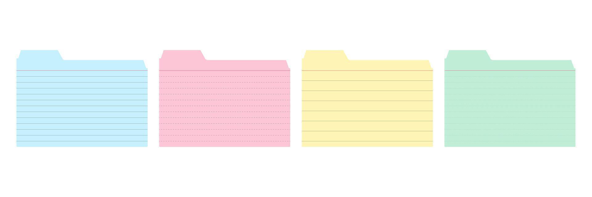 Colorful index card set for study notes and data organization. Blank lined pastel flashcards for learning and information display. vector