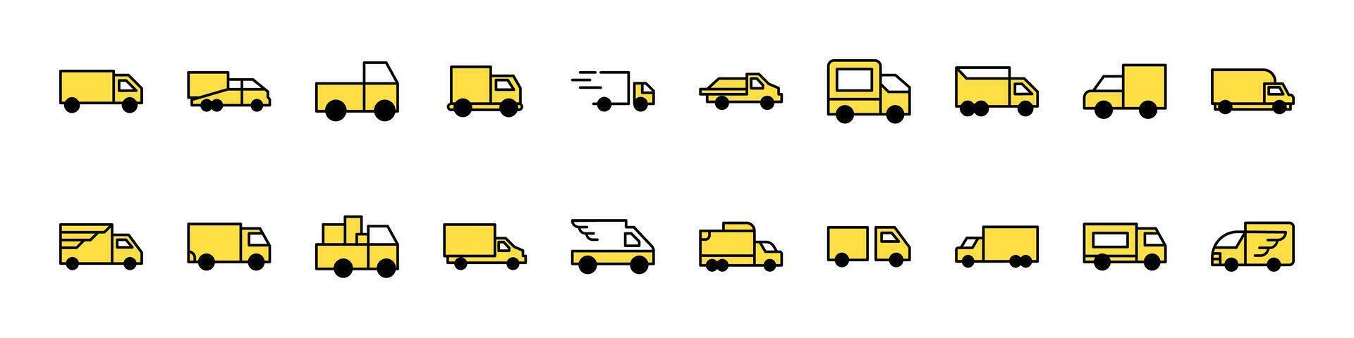 Yellow Van Filled Color Outline Web Icons Collection. Minimalistic Linear Pictogram for Web and Graphic Design, Apps, Banners, Social Network and Cards vector