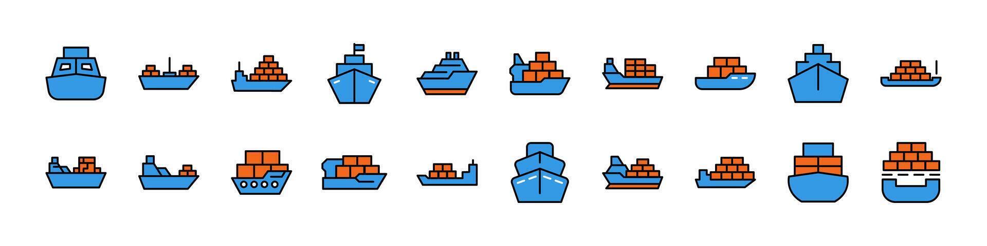 Blue Red Ship Filled Color Outline Web Icons Collection. Minimalistic Linear Pictogram for Web and Graphic Design, Apps, Banners, Social Network and Cards vector