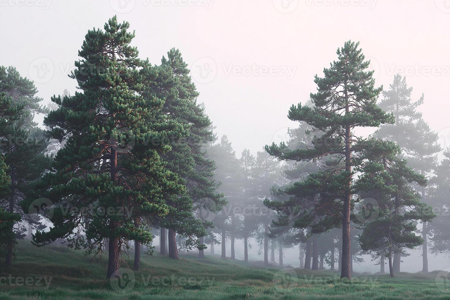 Realistic misty pine forest in dawn light with hazy layers and atmospheric tranquility photo