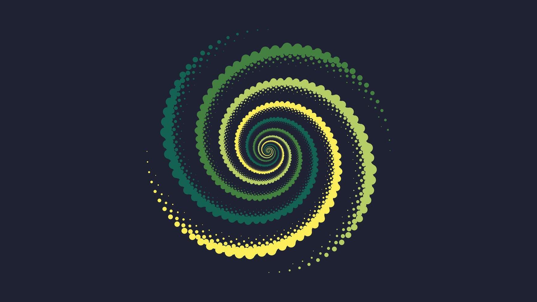Abstract glowing spiral shape made of dynamic dotted pattern with green and yellow gradient on dark background vector