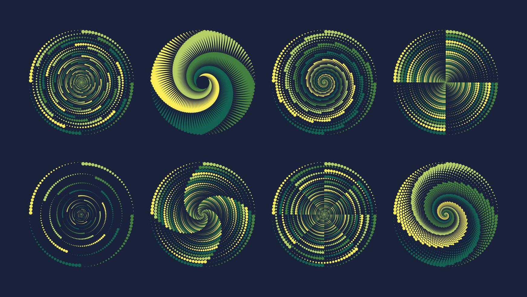 Set of abstract circular spiral shapes with dotted patterns and glowing gradient design on dark background vector