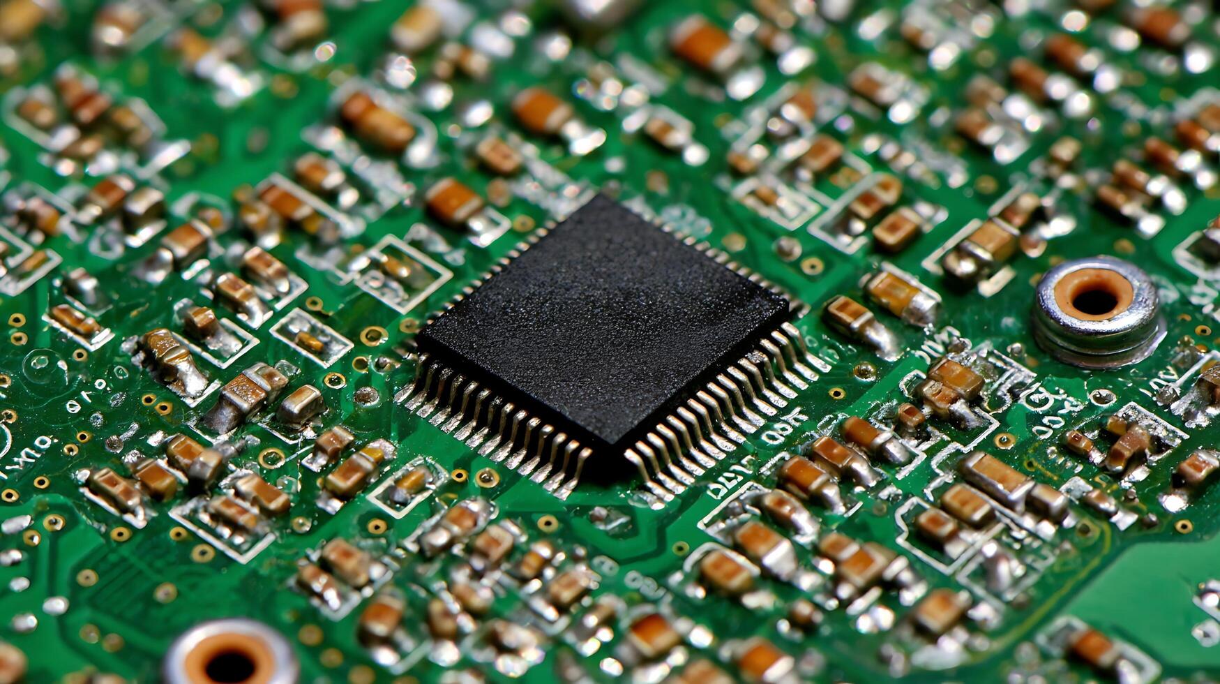 Macro View of a Computer Motherboard with Microchip and Components. photo