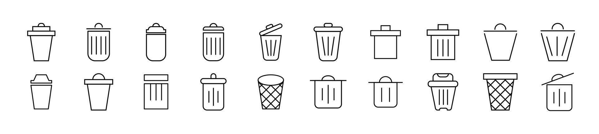 Collection of thin line icons of trash can. Editable stroke. Simple linear illustration for web sites, newspapers, articles book vector