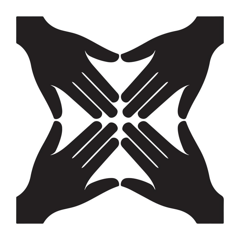 Four black hands forming a circle with fingers pointing inward on white background teamwork vector