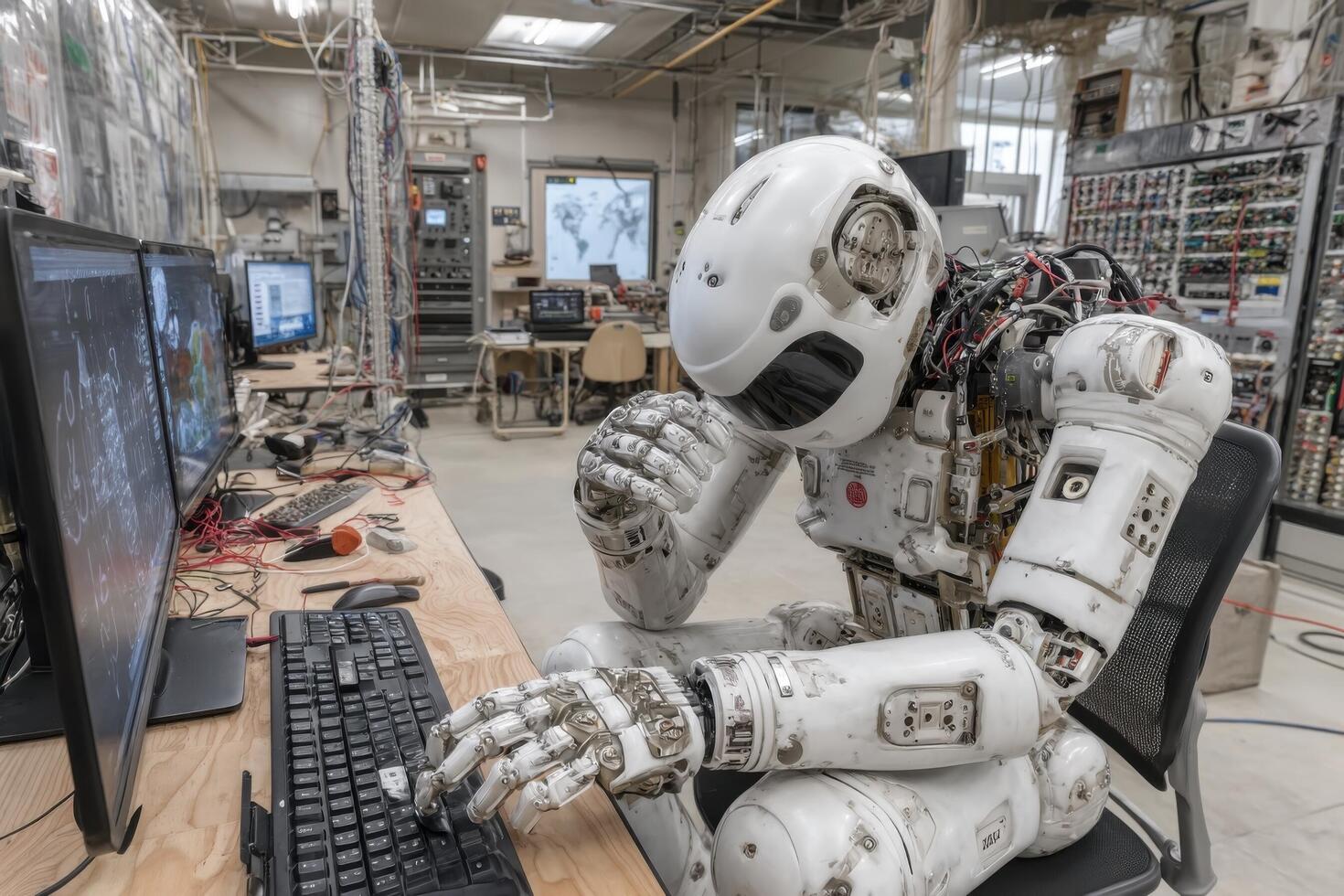 un robot es sentado a un escritorio con un computadora foto