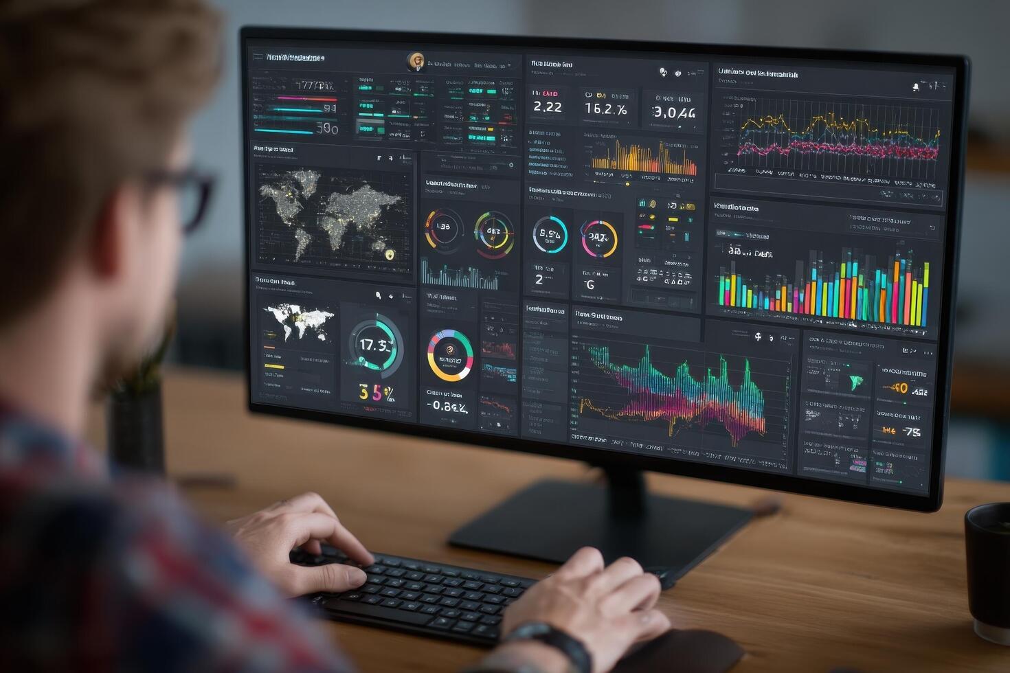 A man is using a computer with a large screen displaying data photo