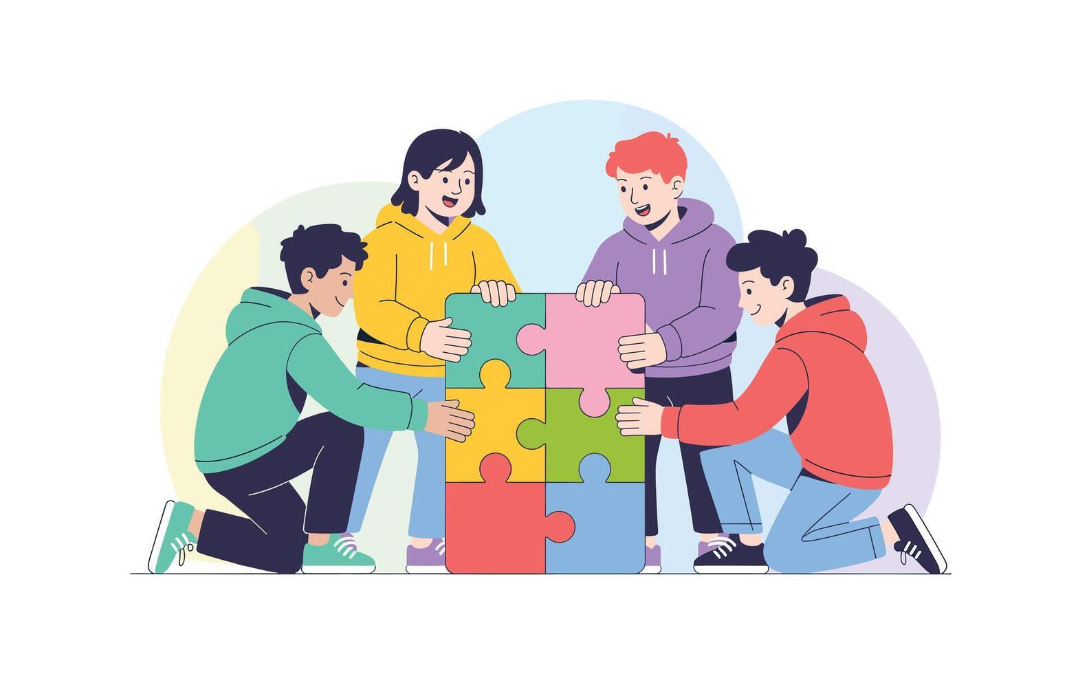 Teamwork and Collaboration Diverse Young Adults Solve a Colorful Puzzle Together, Representing Problem Solving and Partnership in a Modern, CartoonStyle Illustration vector