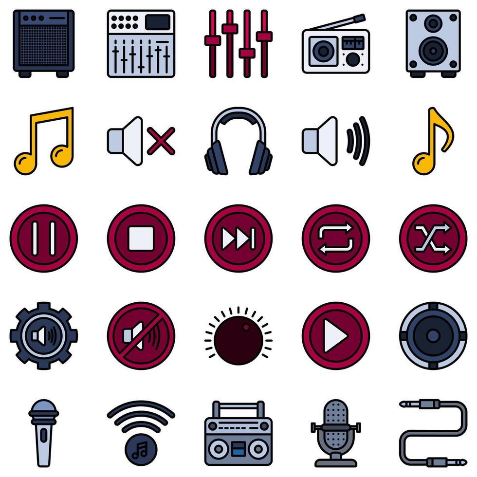 Audio Element set of web icons in outline flat design style. vector
