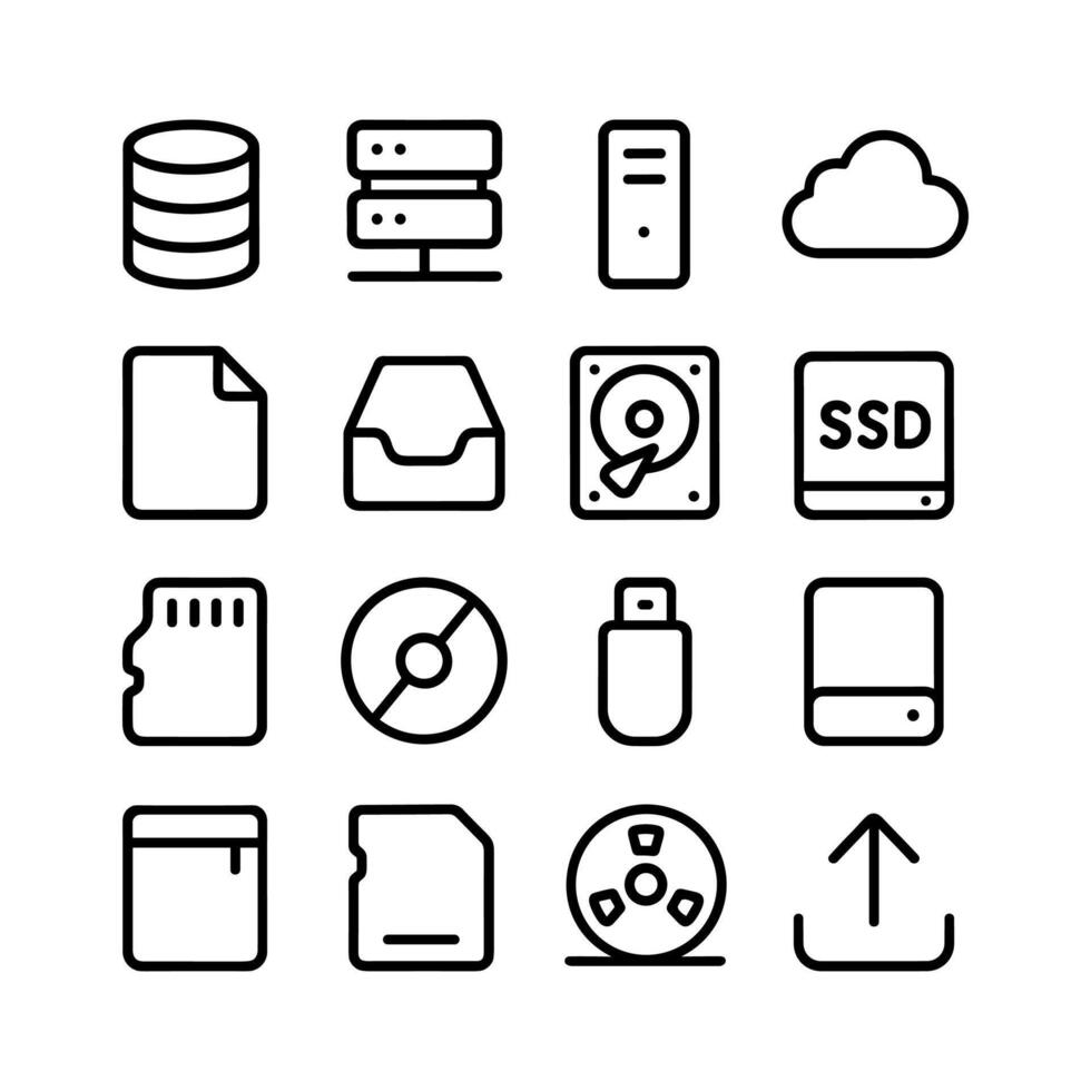 Simple Outline Data Storage and Transfer Mediums Icon Set Collection vector