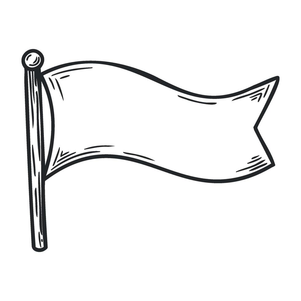 Black and white sketch of blank flag on flagpole with wavy design vector