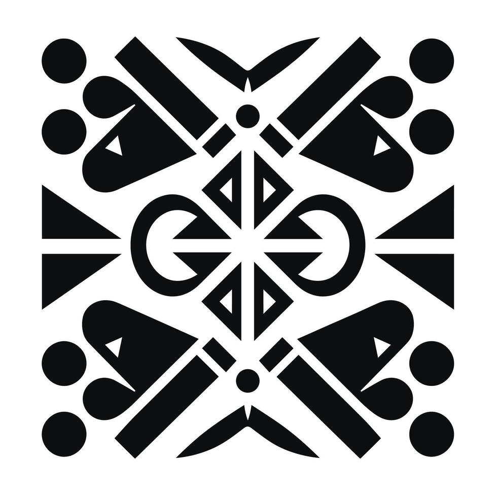Bold geometric pattern featuring abstract shapes and figures in black and white vector