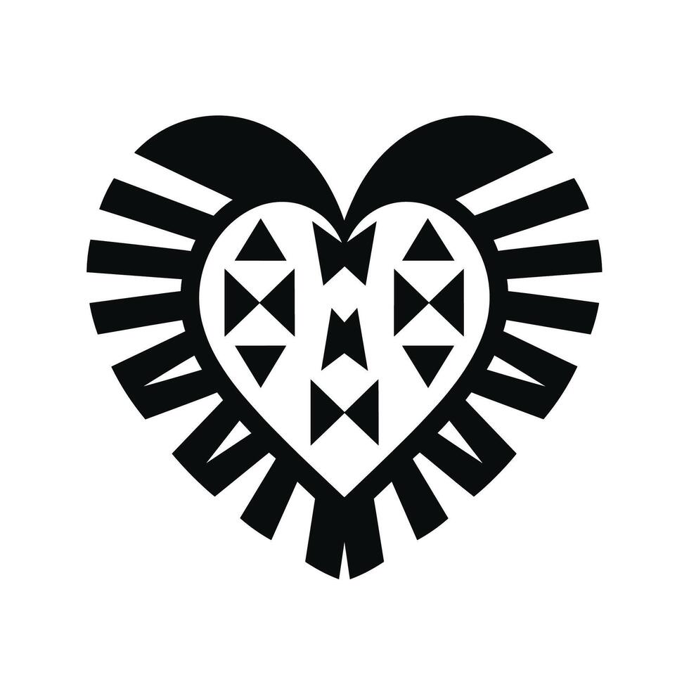Heart design with geometric patterns and rays in black and white colors vector
