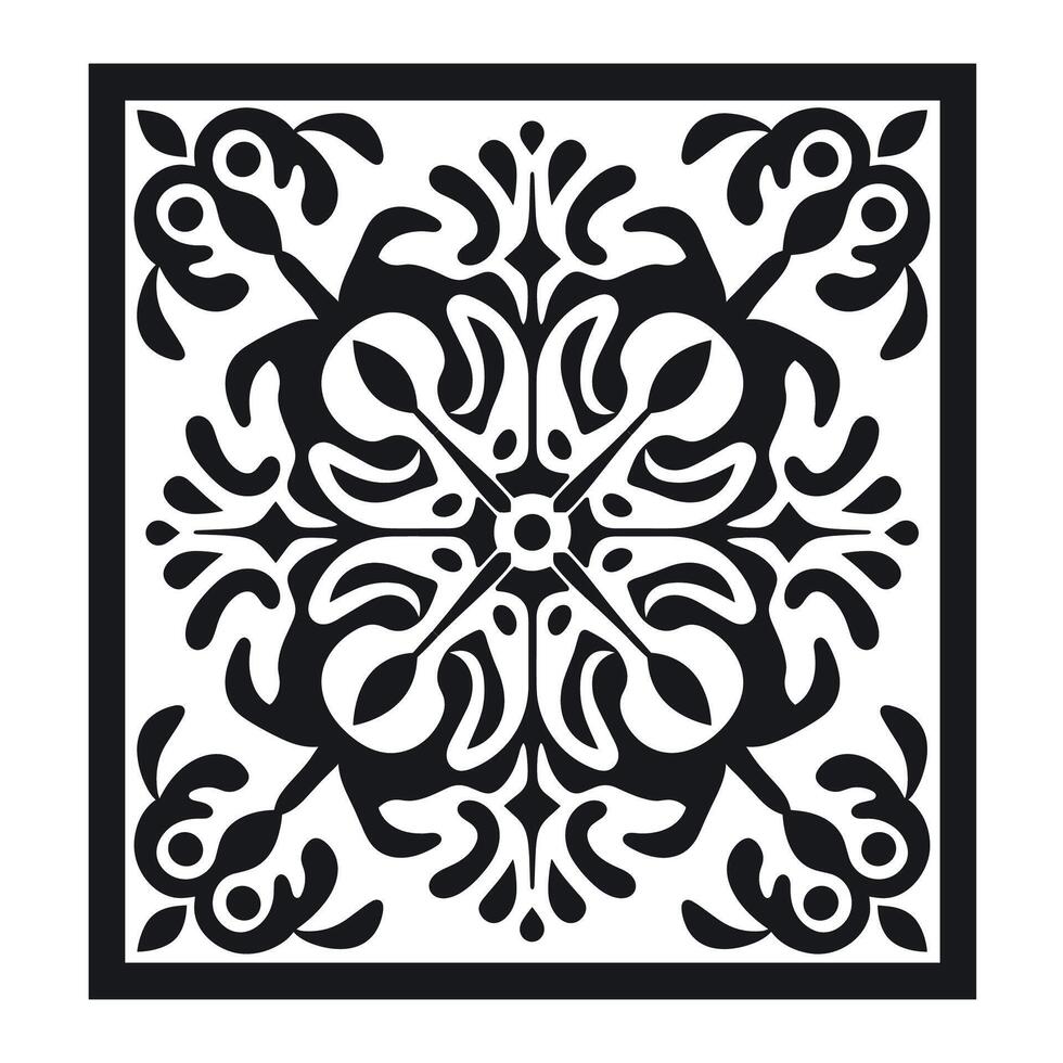 Intricate black and white botanical tile design showcasing elegant patterns and curves vector