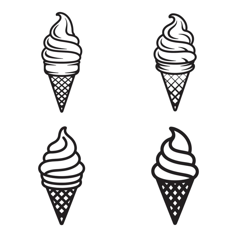Set of four outline ice cream cones soft serve swirl vector